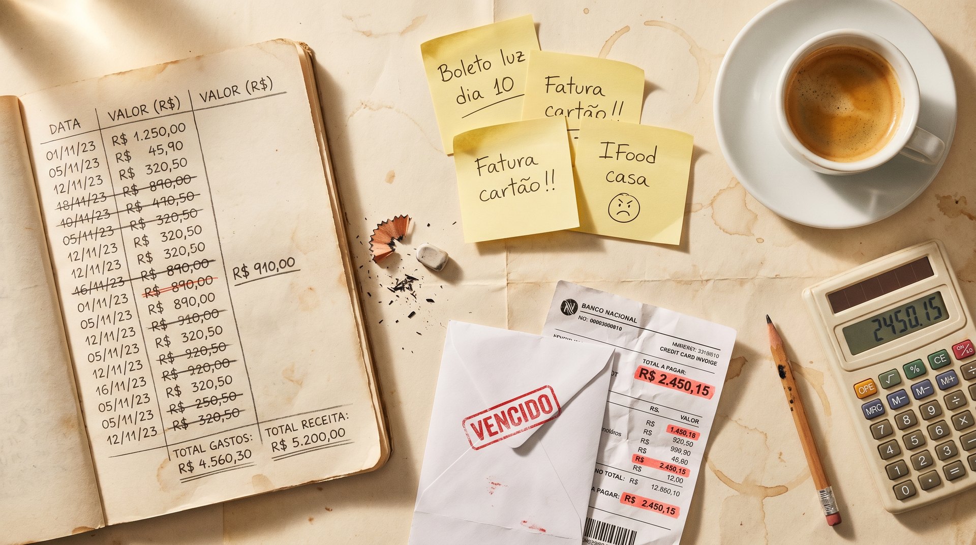 Mesa com caderno aberto de lançamentos manuscritos em real, post-its com 'Boleto luz dia 10' e 'Fatura cartão!!', envelope com carimbo VENCIDO e calculadora — o caos paper-based da microempresa familiar brasileira.